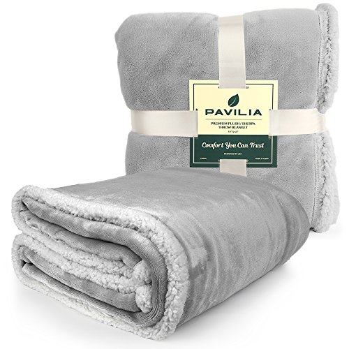 PAVILIA Plush Sherpa Blanket Throw Soft, Warm, Fuzzy Light Gray