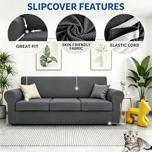 MAXIJIN 4 Piece Couch Covers for 3 Cushion Couch Super Stretch Sofa Cover for Dogs Pet Proof Fitted Furniture Protector Spandex Jacquard Non Slip Magic Sofa Slipcover Washable (Large, Gray)