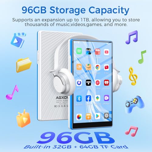 AGXOV Lettore MP3 con Wi-Fi & Bluetooth, 5 Pollici Touchscreen MP4 Player, 96GB Lettore Musicale Android con Spotify, Amazon Music, Deezer, Radio FM, Registratore Vocale, E-book Reader, Blu & Bianco