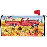 Wamika Autumn Fall Thanksgiving Pumpkin Red Truck Mailbox Cover Magnetic Standard Size, Sunflower American Flag Letter Post Box Cover Wrap Decoration Welcome Home Garden Outdoor 21