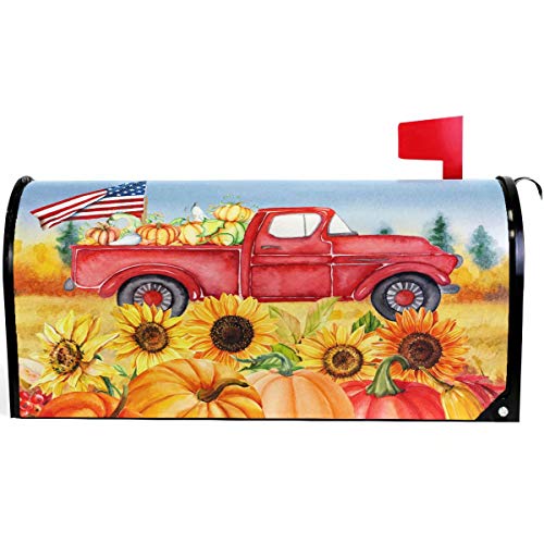 Wamika Autumn Fall Thanksgiving Pumpkin Red Truck Mailbox Cover Magnetic Standard Size, Sunflower American Flag Letter Post Box Cover Wrap Decoration Welcome Home Garden Outdoor 21