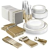 25 Guest Disposable Gold Dinnerware Set | Heavy Duty Plastic Plates, Cups, Silverware & Napkins. 50 Forks, 25 Spoons, 25 Dessert Spoons, 25 Knives, 25 Dinner Plates, 25 Dessert Plates, 25 Soup Bowls