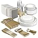 25 Guest Disposable Gold Dinnerware Set | Heavy Duty Plastic Plates, Cups, Silverware & Napkins. 50 Forks, 25 Spoons, 25 Dessert Spoons, 25 Knives, 25 Dinner Plates, 25 Dessert Plates, 25 Soup Bowls