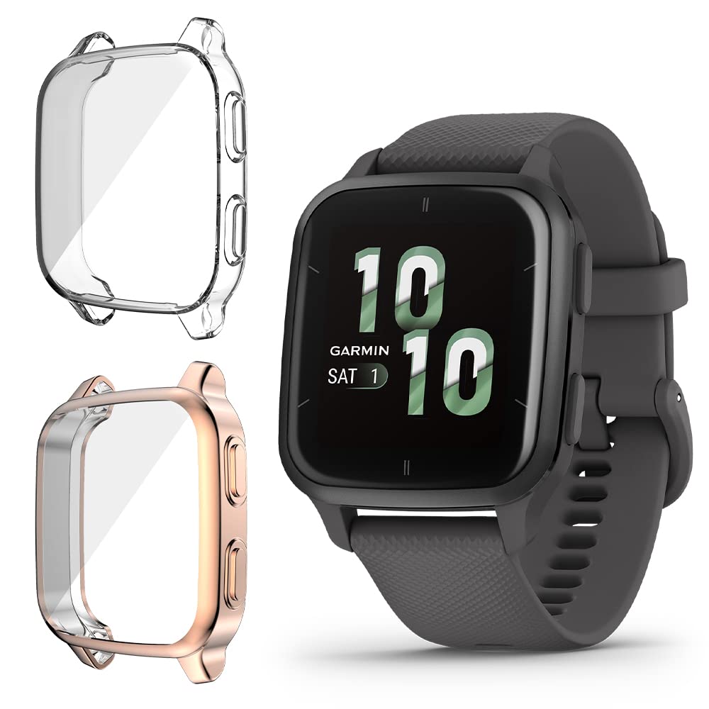 Niboow Case [2 Pack] Compatible with Garmin Venu Sq 2, with Screen Protector, Flexible TPU Shockproof Scratch Proof Cover Case for Garmin Venu Sq 2 - Rose Gold + Transparent