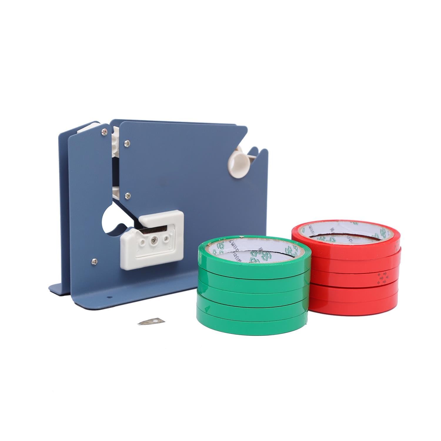 TOPWAY Plastic Bag Neck Sealer Tape Dispenser with One Spare Blade and 10 Rolls Tapes 36m Each, Food Bread Loaf Bag Packaging Sealer Fits 9-12mm Wide Tapes 832156