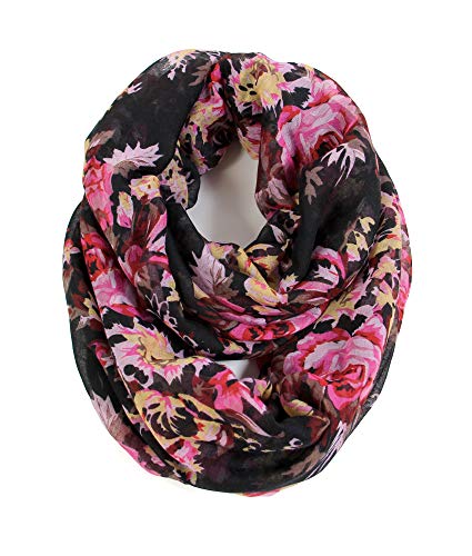 Scarfand's Romantic Rose Print Lightweight Infinity Scarf (Bouquet Rose Black)