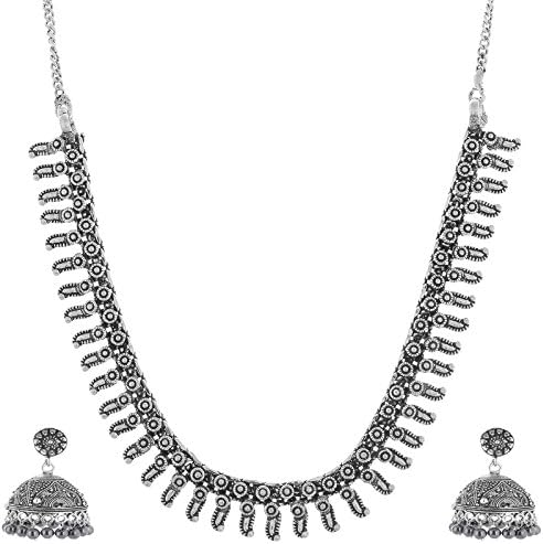 Multiline Company Antique Oxidised German Silver Tribal Banjara White Pearl Beads Gypsy Style Necklace with Fusion Earrings for Women