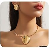 Uarein Chunky Gold Heart Earrings Necklace Set Vintage Geometric Round Bib Collar Necklaces Minimalist Glossy Statement Earring Trendy Ethnic Boho Jewelry Gift