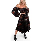 CORAMOON Women Two Piece Midi Skirt Set Halloween Pumpkin Ghost Outfits Casual Strapless Long Sleeve Matching Gothic Dress