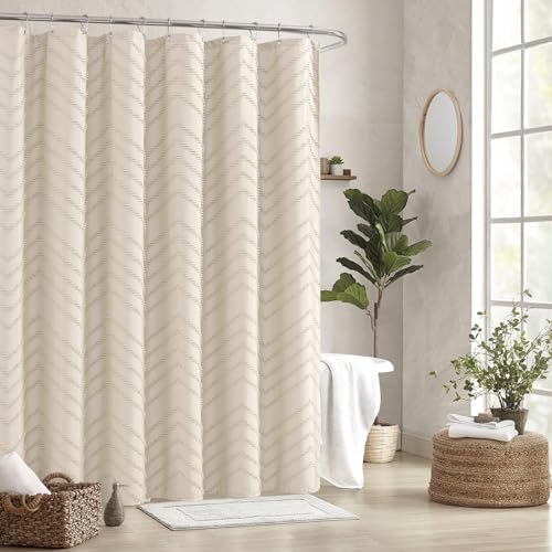 TURKIO Beige Boho Shower Curtain 72 x 72 Modern Farmhouse Shower Curtain Bohemian Chic Tufted Chevron Textured Striped Minimalist Shower Curtain Woven Fabric Cute Beige/Cream Shower Curtain