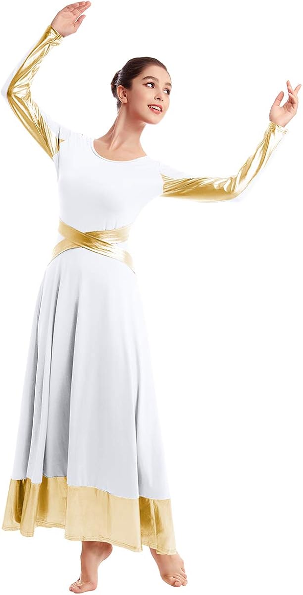 Metallic Gold Color Block Praise Liturgical Lyrical Dancewear for Womens Cross Dance Loose Full Dress Long Sleeve Costume: Clothing