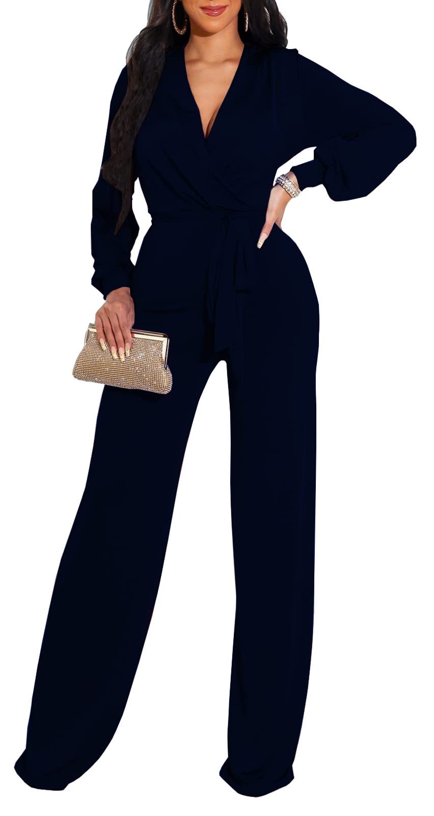 Photo 1 of shengfan Women's Long Sleeve Formal Jumpsuits Dressy Wedding Plus Size Wide Leg Pants Navy Blue Long Rompers Clubwear / L / NAVY BLUE 