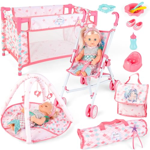 deAO 5-in-1 Folding and Portable Doll Accessory Kit with Doll 31 cm | Nursery Doll Accessories with Stroller, Cot Doll, Travel Bag and Baby Feeding Bottle, Role Play Gifts