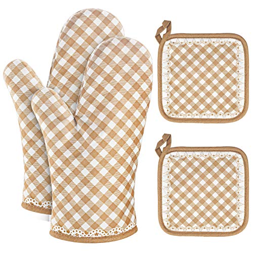 Vakoo Oven Mitts and Pot Holders Sets - Heat Resistant Potholders and Oven Mitts Soft Cotton Lining with Non-Slip Surface for Safe BBQ Cooking Baking Grilling (4-Piece Set,Mesh Beige) - Thumbnail 7