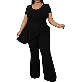 MRSFITOK Plus Size 2 Piece Sets for Curvy Women Short Sleeve Pleated Top Wide Leg Pants Sets Pockets Business Pantsuits