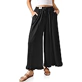 TARSE Womens Linen Palazzo Pants Ruffle Wide Leg Cropped Flowy Drawstring Casual Loose Summer Beach with Pockets