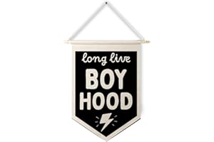 Qpenm Long Live Boyhood Wall Hanging Canvas Banner, Boys Room Decor, Modern Black and White Lightning Nursery Hanging Pennant Flag Posters Prints for Toddler Baby Little Boy Kids Room Playroom Decor