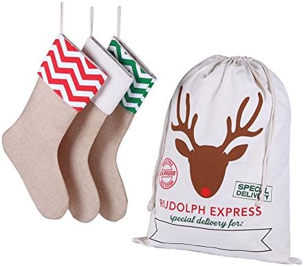 3 Pack Natural Burlap Christmas Stockings for Classic Holiday Decoration and Gift Holder, with 1 Pcs Personalized Jumbo Santa Bag (4 Pack)