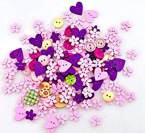 100pcs Pink Purple Wooden Craft Buttons Small Cute Wood Sew Buttons Assorted Design Buttons 2 Hole Bulk Buttons Compatible DIY Scrapbooking Craft Decoration,Mixed Size and Style(Christmas Pink&Purple)