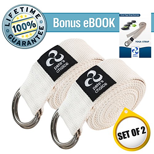 Set of 2 Yoga Exercise Adjustable Straps 8Ft By Pete’s Choice | Thick Cotton With Durable D-Ring For Pilates & Gym Workouts | Hold Poses, Stretch, Improve Flexibility & Maintain Balance | Bonus EBook