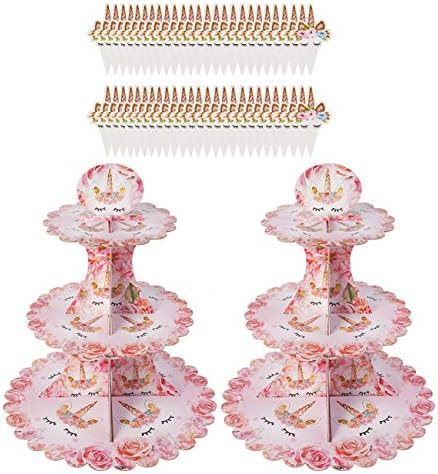 Unicorn Birthday Party Supplies Decorations Favors, Unicorn Cupcake Stands and Cupcake Toppers Prefect for Unicorn Theme Decor, Girl's Birthday and Baby Shower - 54 Pcs