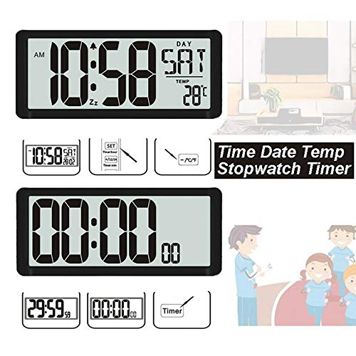 TXL 15.4" Jumbo Digital Alarm Clock Extra Large LCD Display 4.4" Bold Font Calendar Temperature Count-Up Countdown Timer, Battery Operate Office Kitchen School Warehouse Gym Wall/Desk,Black - Thumbnail 4