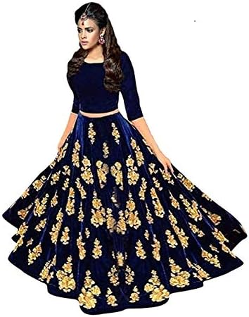 Vihat Fashion Women's Taffeta Silk Semi-Stitched Embroidered Lehenga Choli (Blue, Free Size)