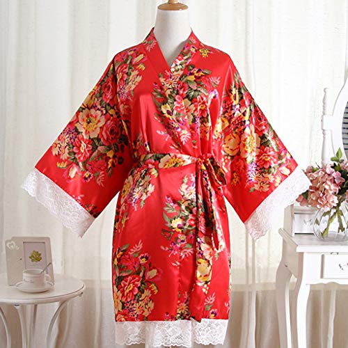 CofeeMO Satin Floral Print Kimono Lace Short Robe Pajamas for Women,Sexy Long Sleeve Ladies Sleepwear(Red,Free Size)
