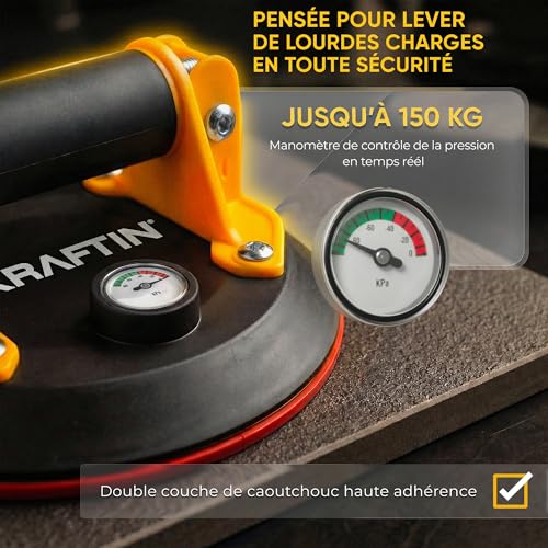 KRAFTIN Suction Cup Tile Vacuum Pump Diameter 200 mm 150 kg – Double Layer Rubber High Adhesion – Bubble Level + Pressure Gauge – Non-Slip Handle – Professional – Ceramic, Marble, Glass