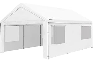 OUTFINE Carport Canopy 12x20 FT Heavy Duty Boat Car Canopy Garage with Removable Sidewalls and Roll-up Ventilated Windows, Tent Stakes x 12, Windproof Ropes x 4, Sandbags x 4 (White)