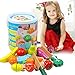 LEBBIN Cutting Food Wooden Play Food Set Educational Toy Pretend Food with Knife Fruit Vegetable Fish and Cutting Board