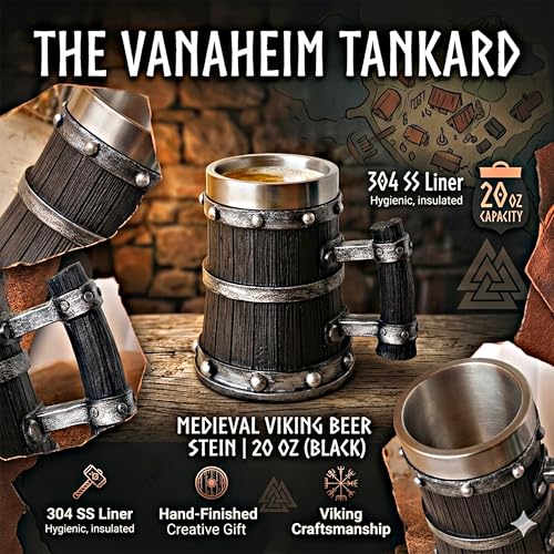 Medieval Viking Wooden Beer Stein, 304 with Stainless Steel Liner,Nordic Viking Runes Tankard Coffee Cup Home Decor, Capacity 20 OZ (Black) Men Father’s Day Gift | Beer Mug | Dubai Souvenir