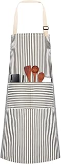 hatisan Latzschürze aus Baumwollleinen, verstellbar, mit 2 Taschen, zum Kochen, für Damen und Herren, gestreift, 1 Stück