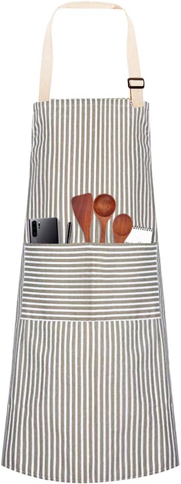 hatisan Latzschürze aus Baumwollleinen, verstellbar, mit 2 Taschen, zum Kochen, für Damen und Herren, gestreift, 1 Stück