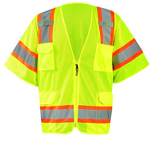 OccuNomix ECO-SIMZ32T-YM Economy Mesh Two-Tone Surveyor Vest with Zipper, 8 Poc…