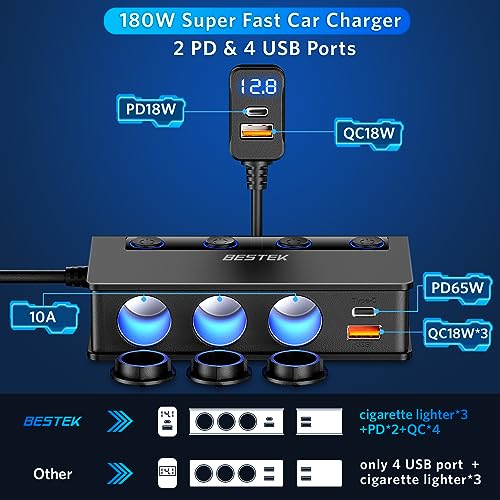 BESTEK Car Charger 180W, USB-C PD USB QC3.0 Car Charger, 12V/24V Car Cigarette Lighter Adapter with 3 Cigarette Sockets 6 USB Ports with LED Display for iPhone Dash Cam