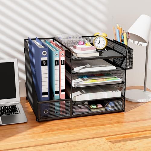Apritsce Desk Organizer, Desk File Holder, 5 Trays Office Document Holder with Drawer and Pen Holder, Multifunctional Stationery Organizer for Office Stationery Home