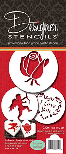 Designer Stencils C300 I Love You Cookie Stencils, (Cupid, Rose, Heart), Beige/semi-transparent