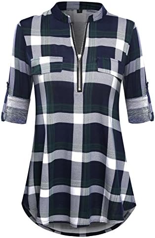 Women's Plaid Shirt 3/4 Roll Up Sleeve Zipper V Neck Casual Blouses Tunic Tops