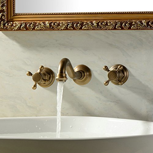Beelee Wall Mount Double Handles 3 Hole Widespread Bathroom Sink Faucet Antique Brass Finish - Thumbnail 3