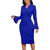 Church Dresses for Women Flare Sleeve V Neck Business Wear to Work Vintage Mid Pencil Formal Dress with Pocket