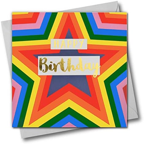 Claire Giles Greeting Cards, Happy Birthday Card, Colour Stars Design Greeting Card, Text Foiled in Shiny Gold
