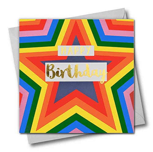 Claire Giles Greeting Cards, Happy Birthday Card, Colour Stars Design Greeting Card, Text Foiled in Shiny Gold