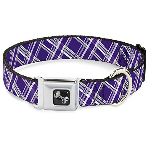 Dog Collar Seatbelt Buckle Plaid X3 Purple Gray White 9 to 15 Inches 1.0 Inch W…