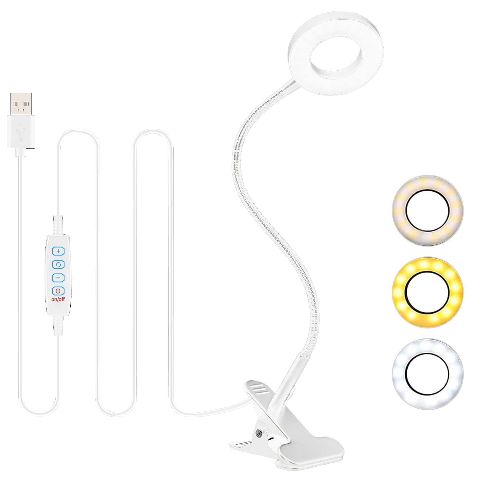 Desk Lamp Clip On Clamp Light & 3 Light Mode 10 Dimmable Brightness Eye Caring Book Adjustable for Reading Studying Working Video Conference Lighting - White