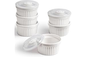 homEdge Porcelain Ramekins Set with Lid, 240 ml / 8 Fl Ounces Ice Cream Bowl, Creme Brûlée Ramekins Soufflé Cup for Baking, S