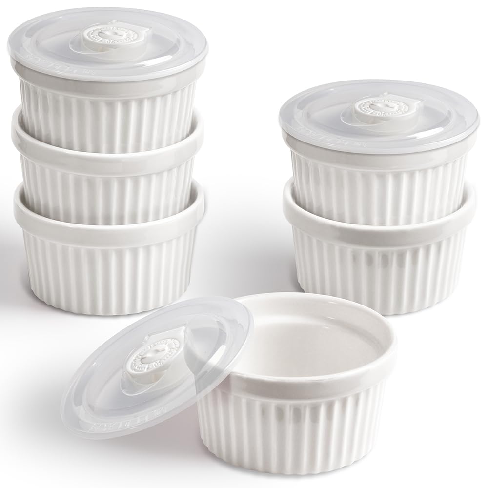 homEdge Porcelain Ramekins Set with Lid, 240 ml / 8 Fl Ounces Ice Cream Bowl, Creme Brûlée Ramekins Soufflé Cup for Baking, Set of 6 White