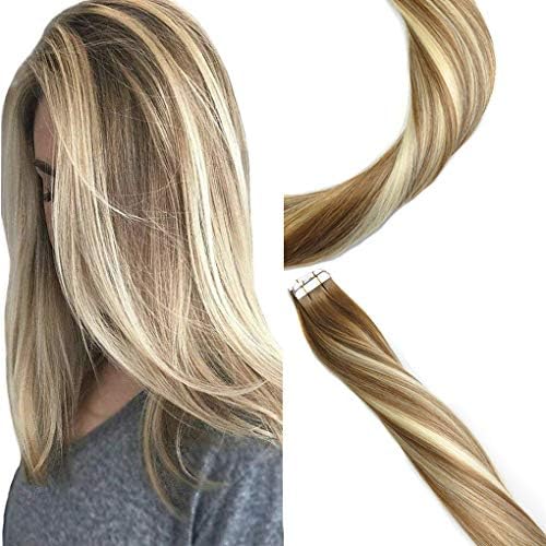 KOCONI Tape in Human Hair Extensions Virgin Remy Tape in Hair Extensions Tape Ombre Brown #6 to White Blonde #60 Highlights Real Human Hair Tape in Extensions 20PCS 50g/Package (24", T6-60P6)