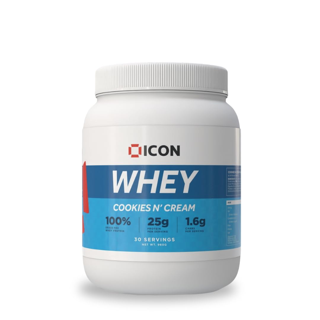ICON Nutrition Whey Protein Powder — Cookies N Cream — High Protein, Grass Fed, Low Carbs & Fat, Complete Amino Acid Profile, Cold Shakes or Mix with Foods — 960g, 30 Servings
