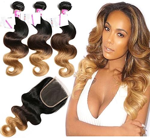 Hairitory Hair 8A Malaysian Virgin Hair With Closure Malaysian Body Wave With Closure Ombre 3 Bundles Blonde Human Hair Weave With Lace Closure (24 26 26+22, 1B#/4#/27#)